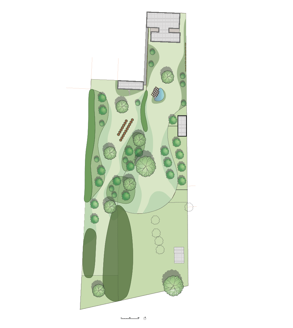 Een tuin met verschillende bomen, struiken, en planten, een klein vijvertje met een houten bruggetje, grasvelden en paden, en enkele gebouwen of structuren.