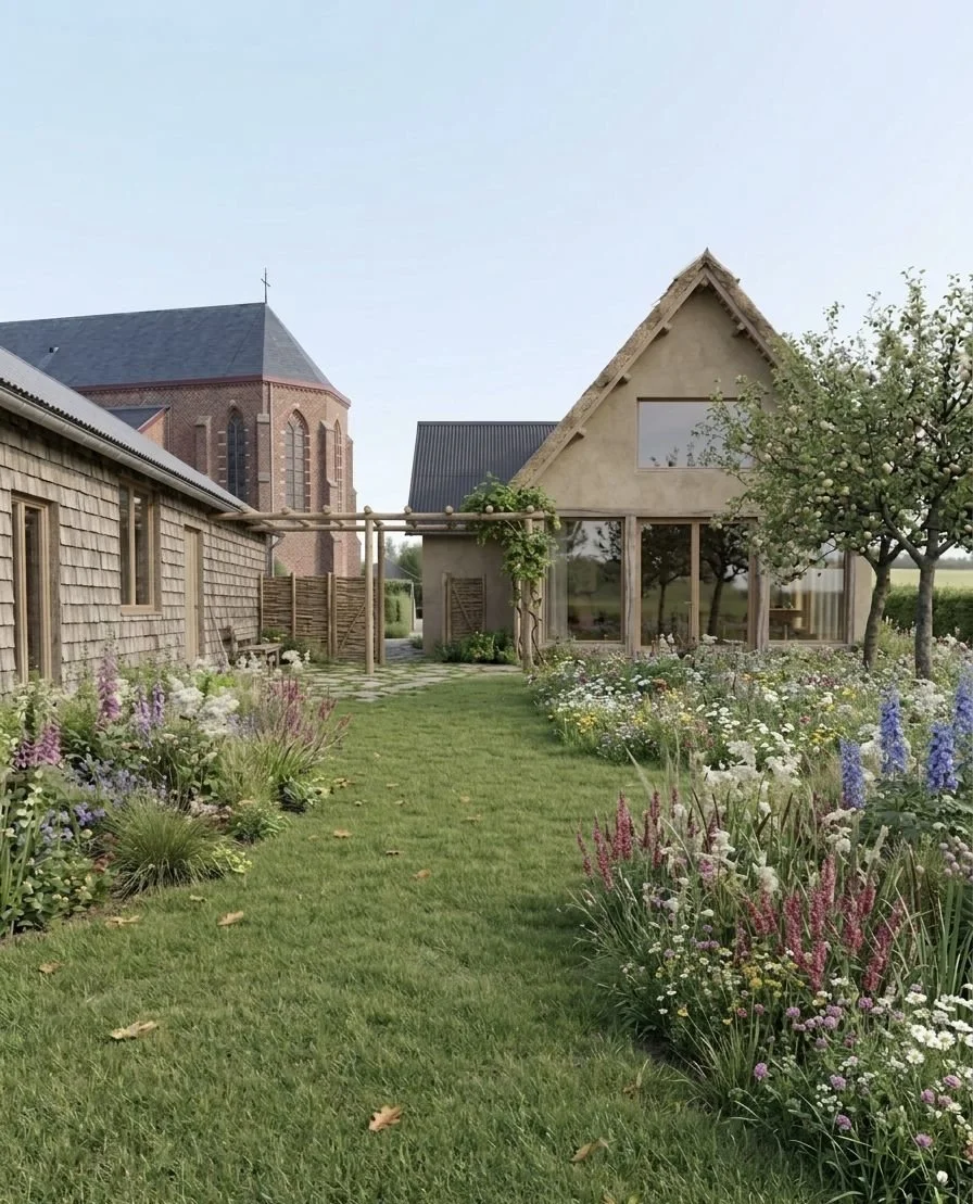 Een tuin met een grasveld, bloemen en struiken, met een traditionele houten schuur en een moderne woning met grote ramen en een driehoekdak. Er staan ook bloeiende bomen.