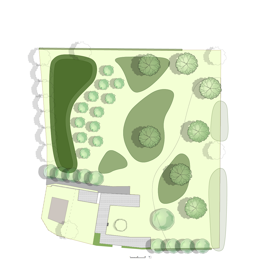 Landschaps- of tuinontwerp met weiden, bomen, struiken en paden rondom een vierkantshoeve.