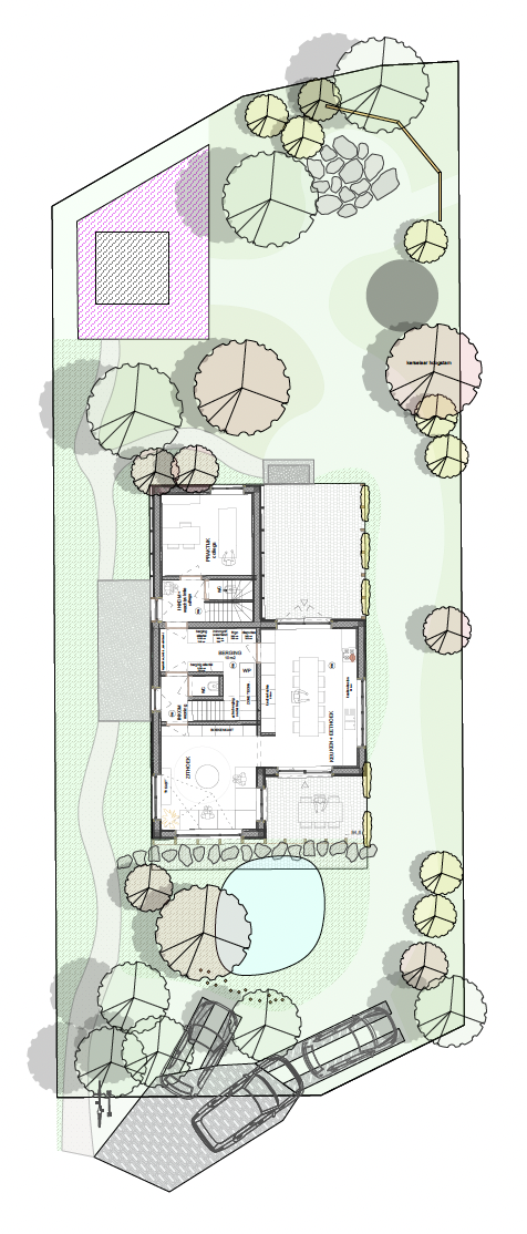 Plattegrond van een huis met tuin, bomen, een wadi, een oprit met twee auto's en een fietsparking.