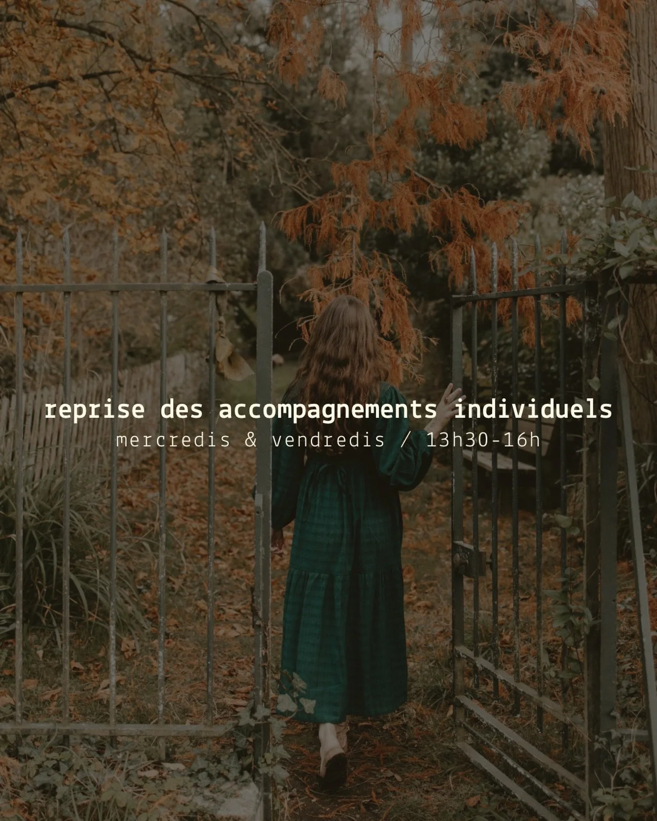 je suis super heureuse de rouvrir quelques cr&eacute;neaux d&rsquo;accompagnement individuel 🌞 deux cr&eacute;neaux sont dispo (1h &agrave; caler dans cette plage horaire) :
- mercredi entre 13h30 et 16h
- vendredi entre 13h30 et 16h

La s&eacute;an