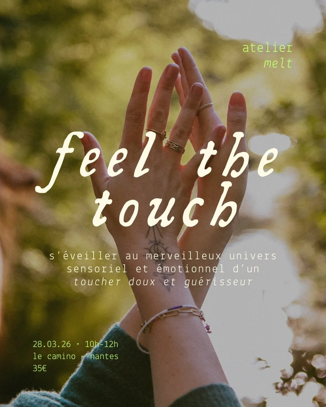 Le 28 mars de 10h &agrave; 12h, viens ressourcer ton corps et ton c&oelig;ur au contact d&rsquo;une pratique douce, sensuelle et gu&eacute;risseuse. 

Lieu : le camino, Nantes 
Prix : 35&euro;
Inscription obligatoire. 

Toutes les infos sont en bio. 