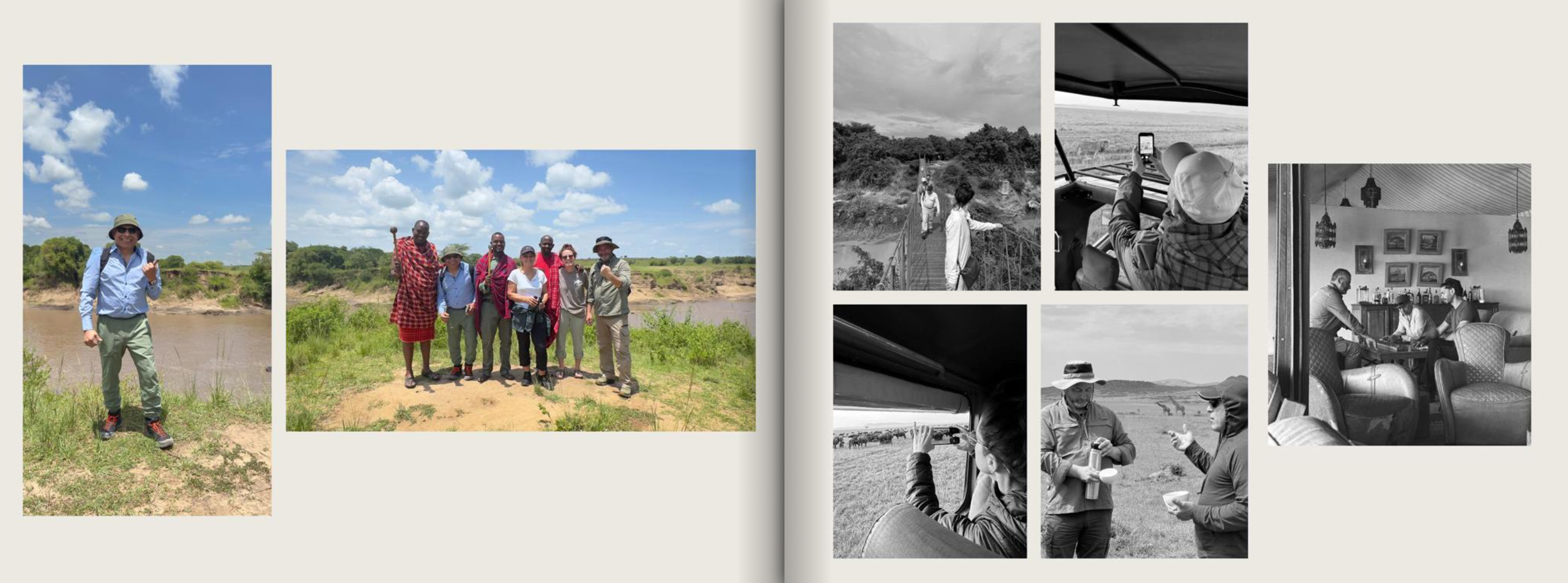 A collage of photos showing people on outdoor adventures and in indoor settings. The left page features color images of a woman with a hat and backpack near a river, and a group of people with traditional clothing and hats on a grassy riverbank. The 
