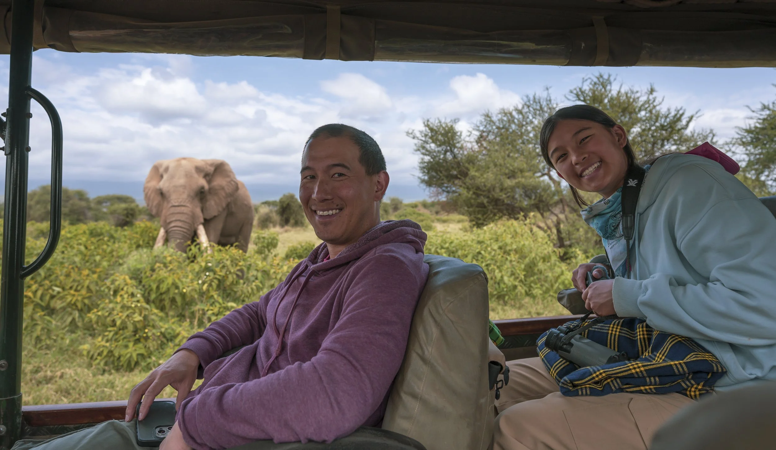 Two people sitting in a safari vehicle with an elephant in the background, lush green landscape, blue sky with clouds.