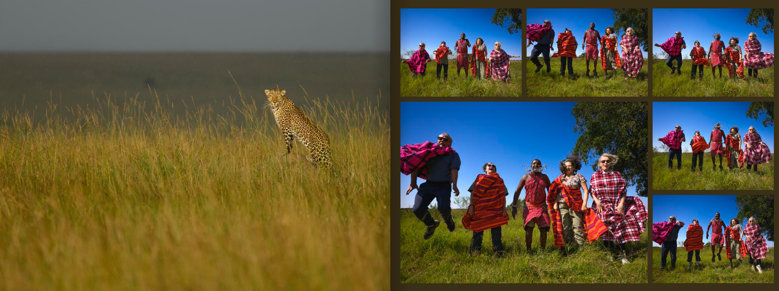 A group of five people dressed in colorful traditional clothing walking through a grassy field under a blue sky, with a large tree in the background. In the same photo, there are also four people, two men and two women, walking and running, dressed c
