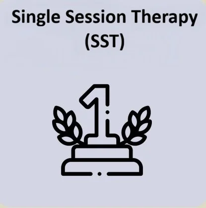 black and white outline graphic of a number 1 - text in black above reads "Single Session Therapy (SST). Graphic is set against a lilac background