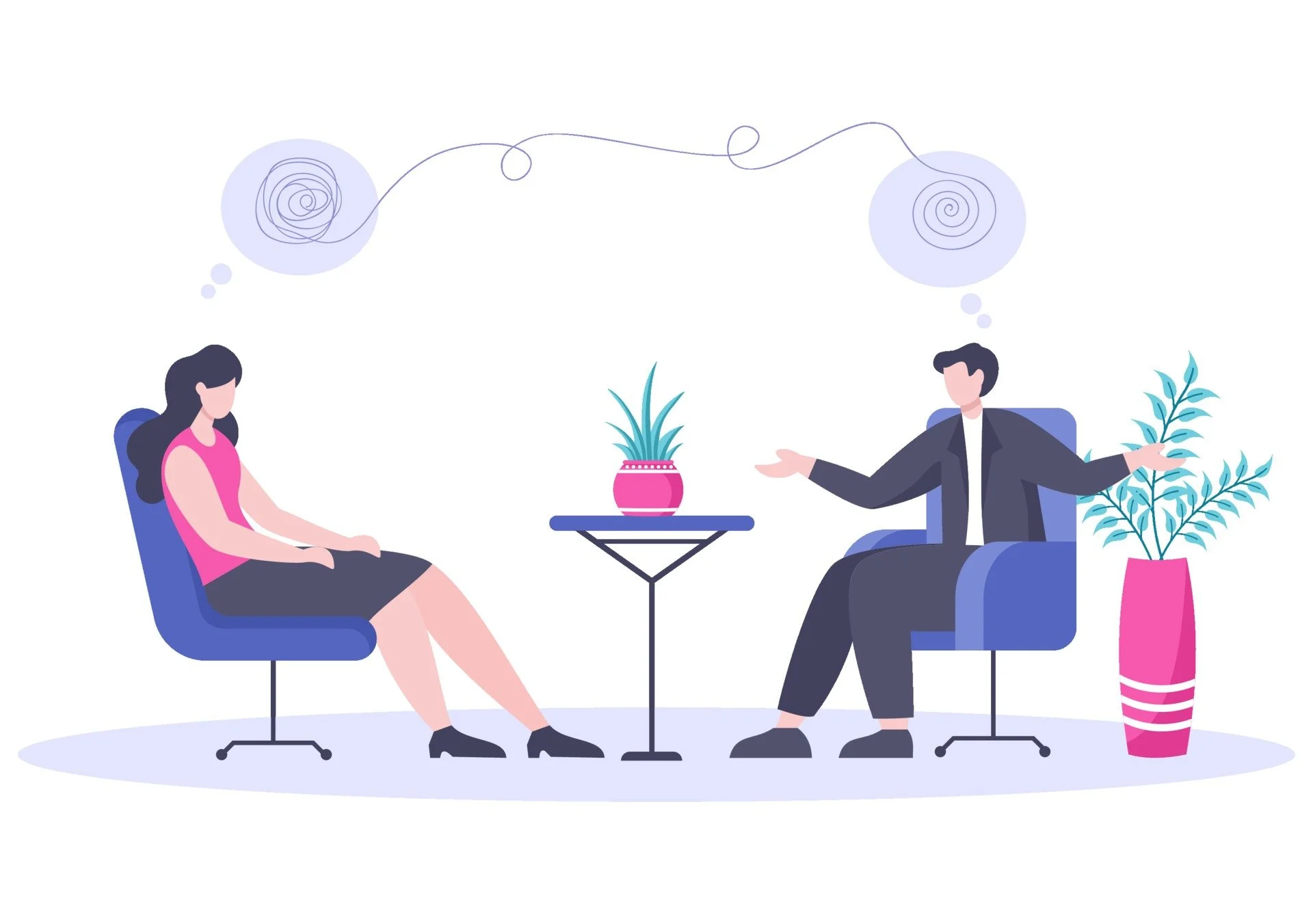 Clip art image of 2 people sat in blue chairs with a table between them.  On the table is a pot plant. Over each of their heads is a thought bubble containing a line drawn spiral. The spirals connect with each other.