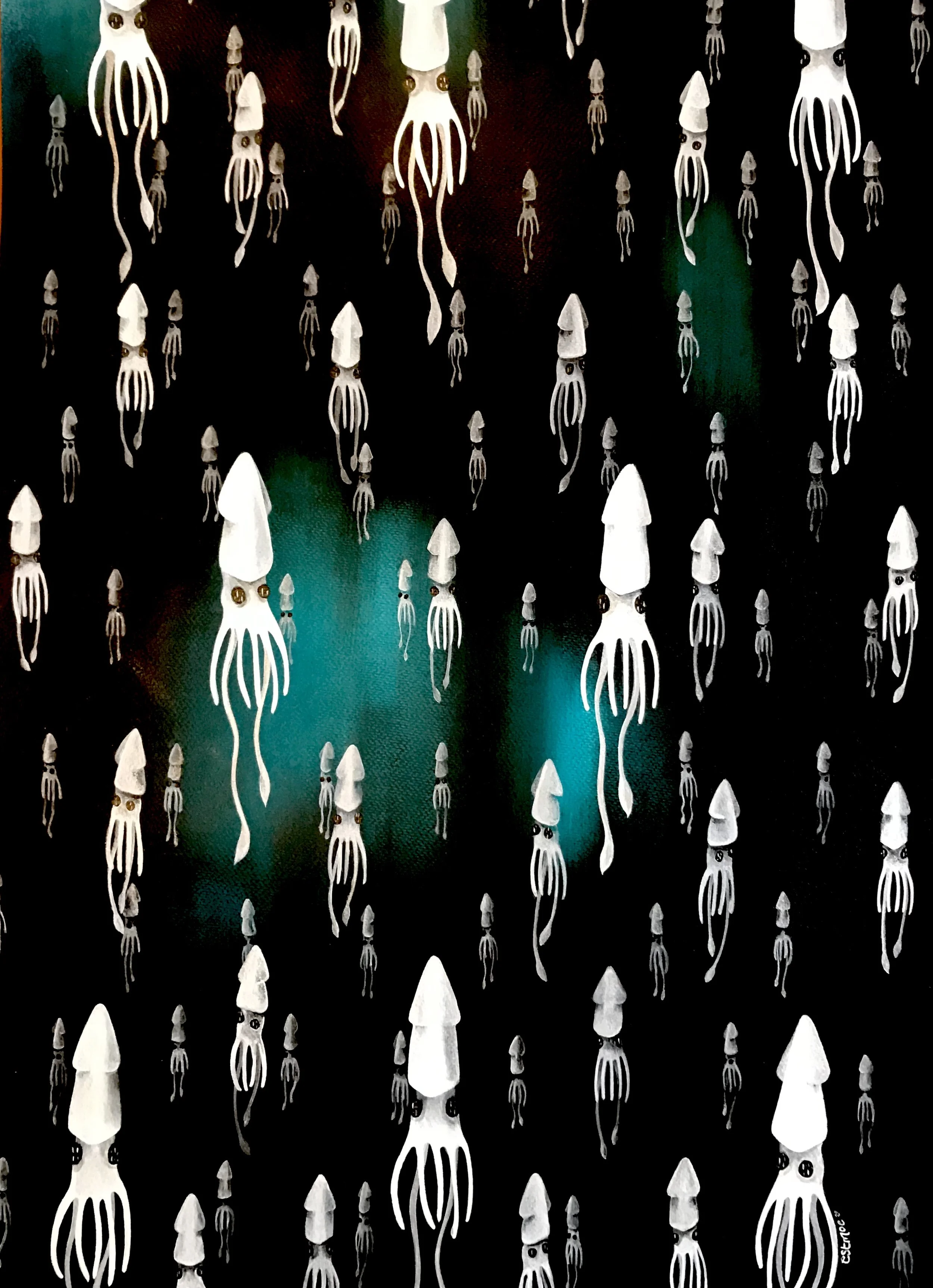 ASCENSION OF THE SQUID
Oil on paper. 70 x 50cm. 2020  FOR SALE  Reimagining Rene Magritte. 