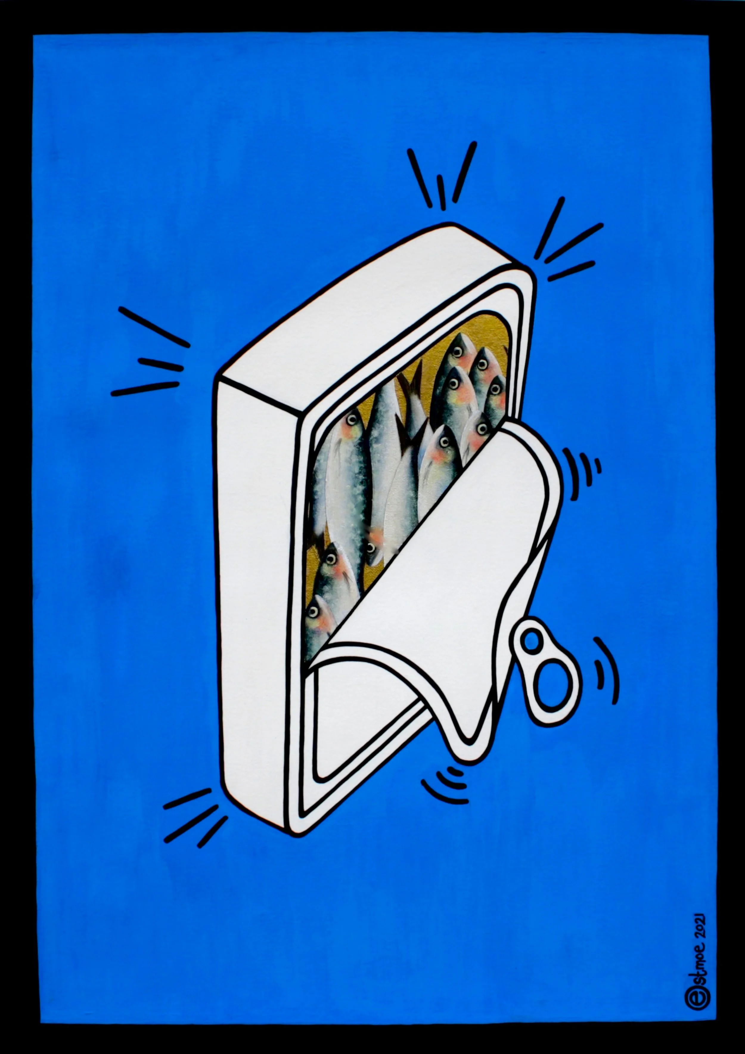LIKE A TIN OF SARDINES. Gouache on paper. 2020   SOLD  Reimagining Keith Haring.