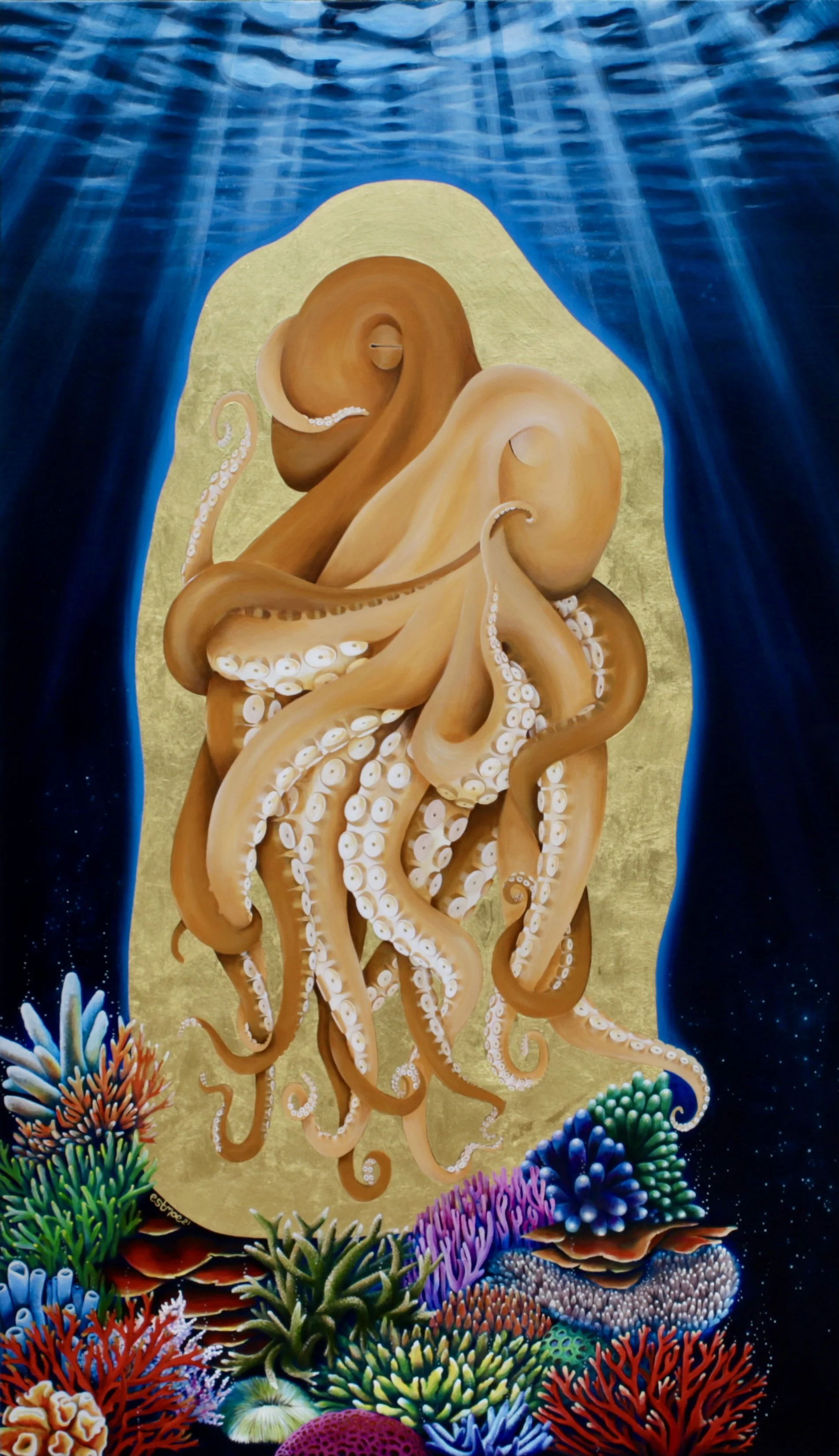 THE EMBRACE
Acrylic on wood. 120 x 70cm. 2020  FOR SALE  Reimagining Gustav Klimt. 