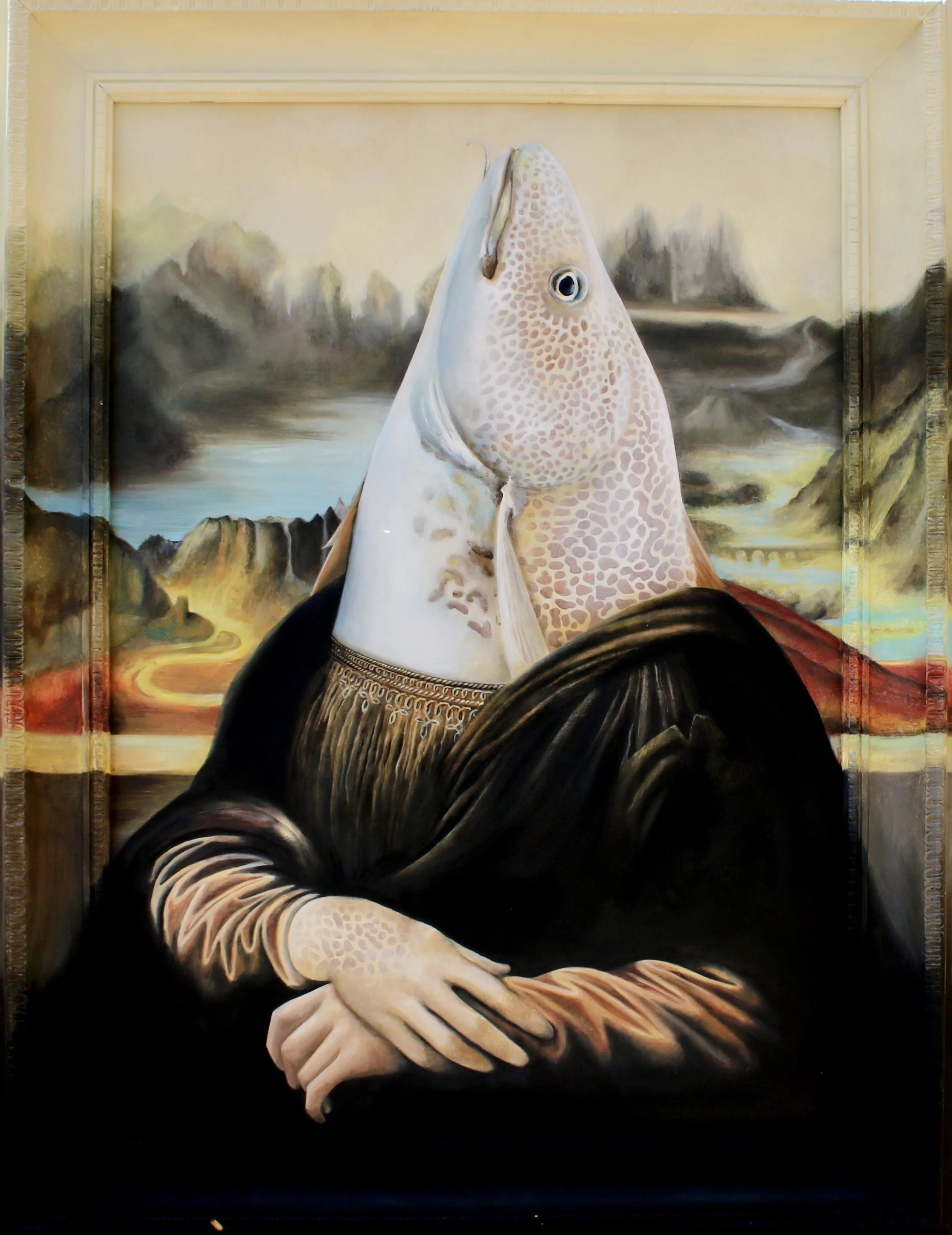 THE CODFISHERS WIFE
Oil on wood. 2021   SOLD  Reimagining Leonardo Da Vinci.