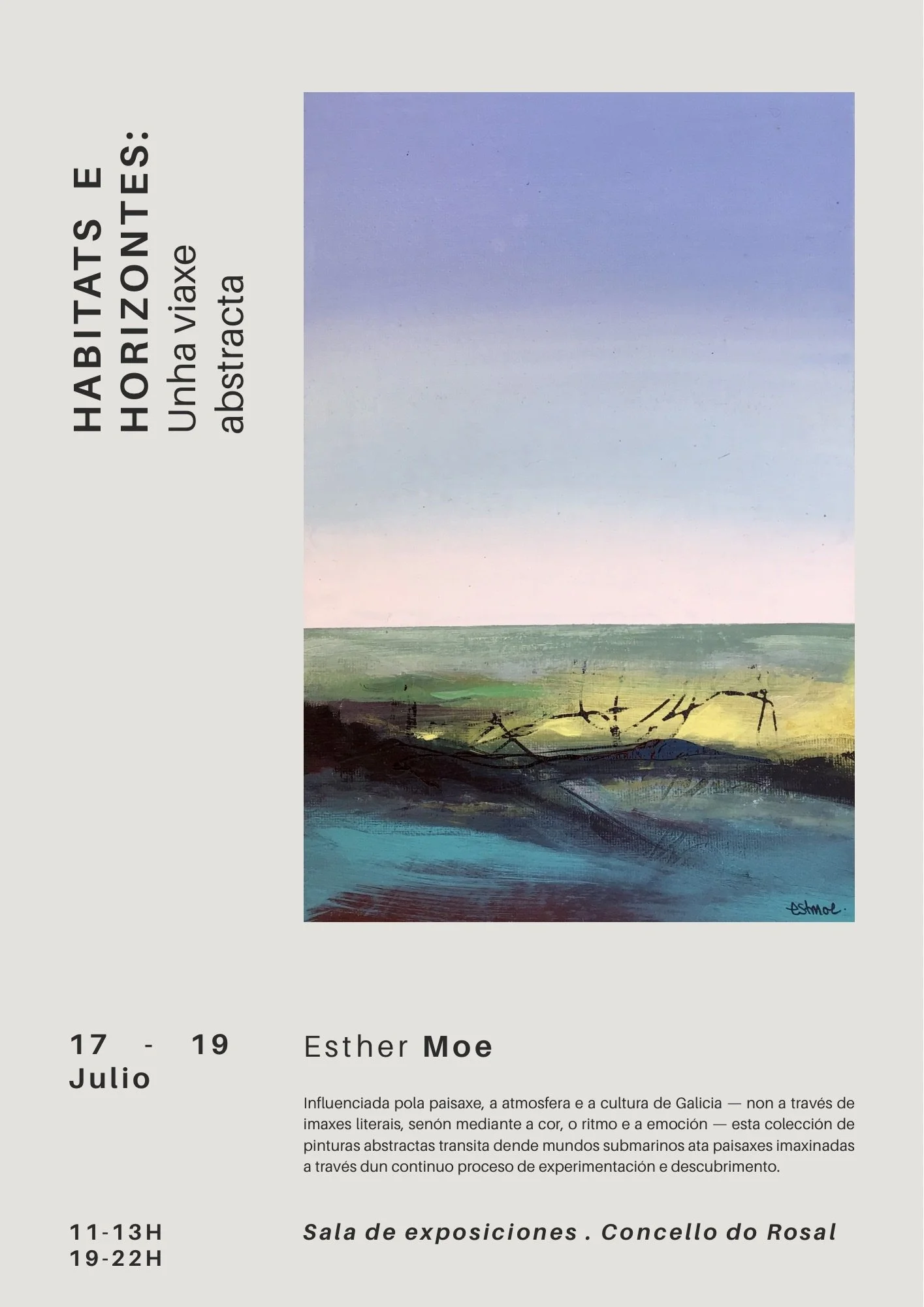 A landscape painting featuring a pastel sky above a dark foreground and hills, with the artist's signature 'Estmoi' in the bottom right corner.