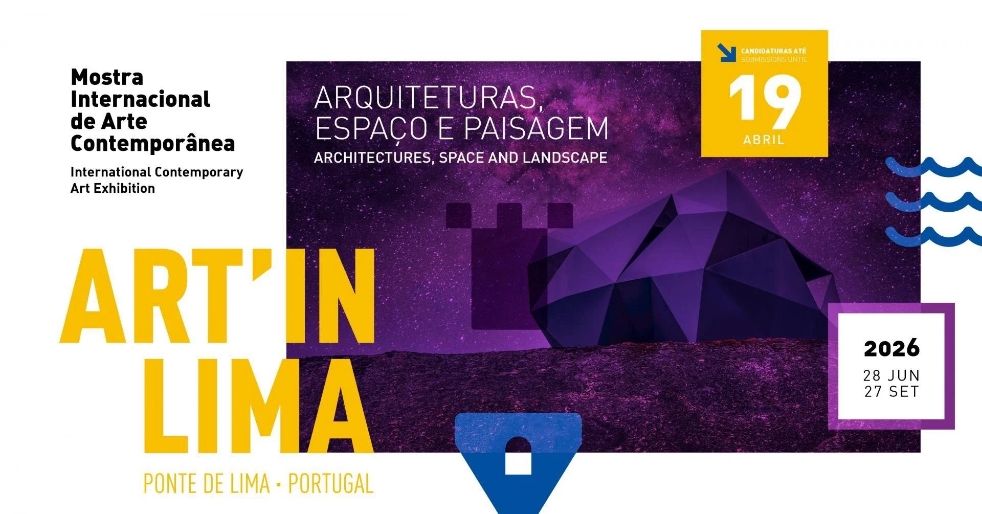 Poster for the International Contemporary Art Exhibition titled 'Architectures, Space, and Landscape,' featuring a purple starry sky background, a geometric mountain, and various event details including dates, location in Ponte de Lima, Portugal, and
