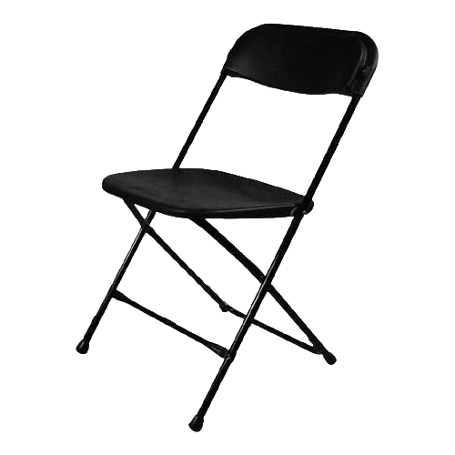 Black folding chair on a black background.