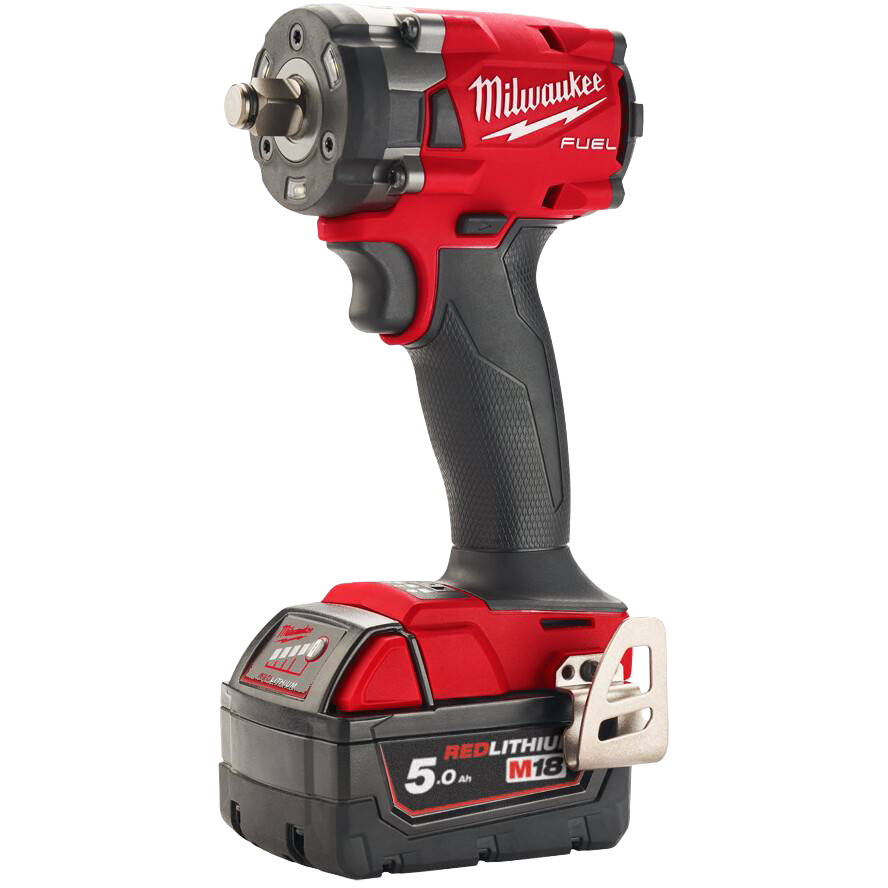 A red and black Milwaukee cordless impact wrench with a 5.0 Ah Red Lithium battery attached.