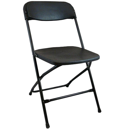 A black folding chair with a padded seat and backrest, positioned against a white background.