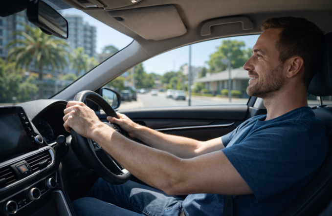 Driver enjoying improved interior comfort and reduced glare from professional automotive window tinting.