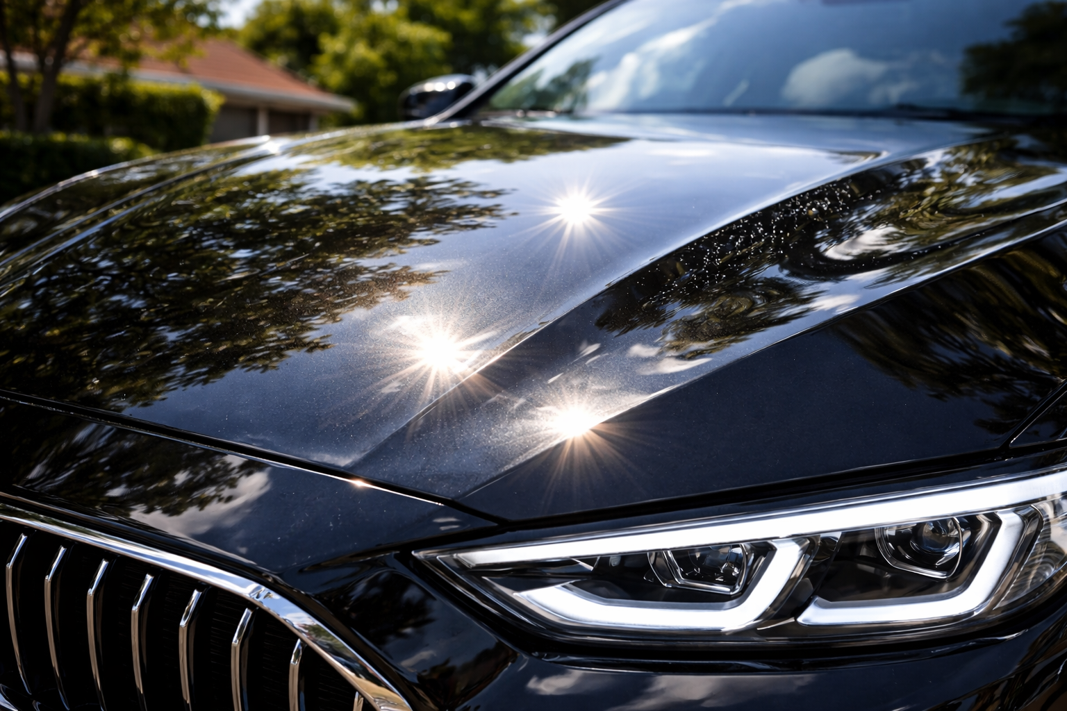 Glossy ceramic coating protecting car paint from sun exposure.