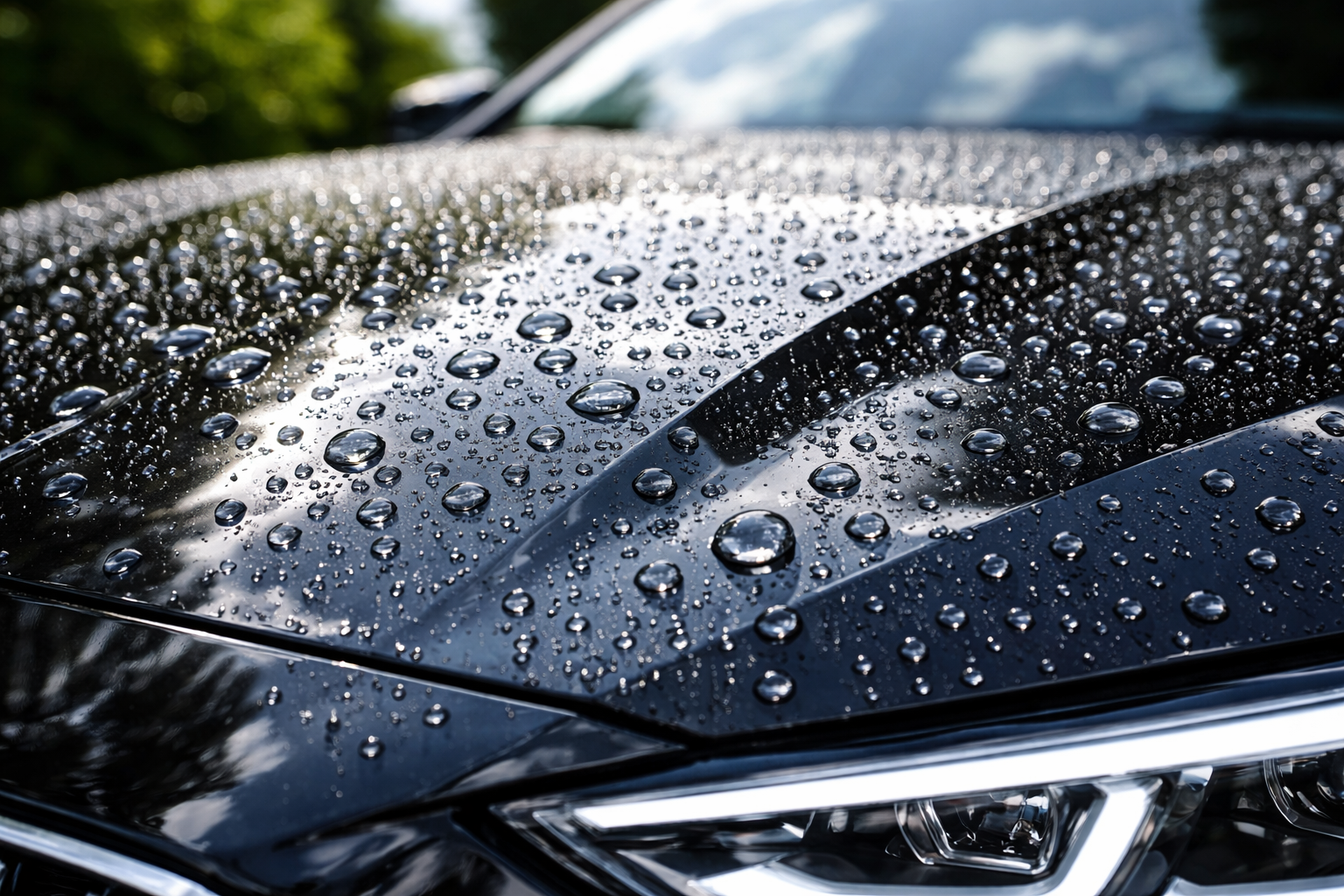 Water beading on ceramic coated car showing hydrophobic paint protection.