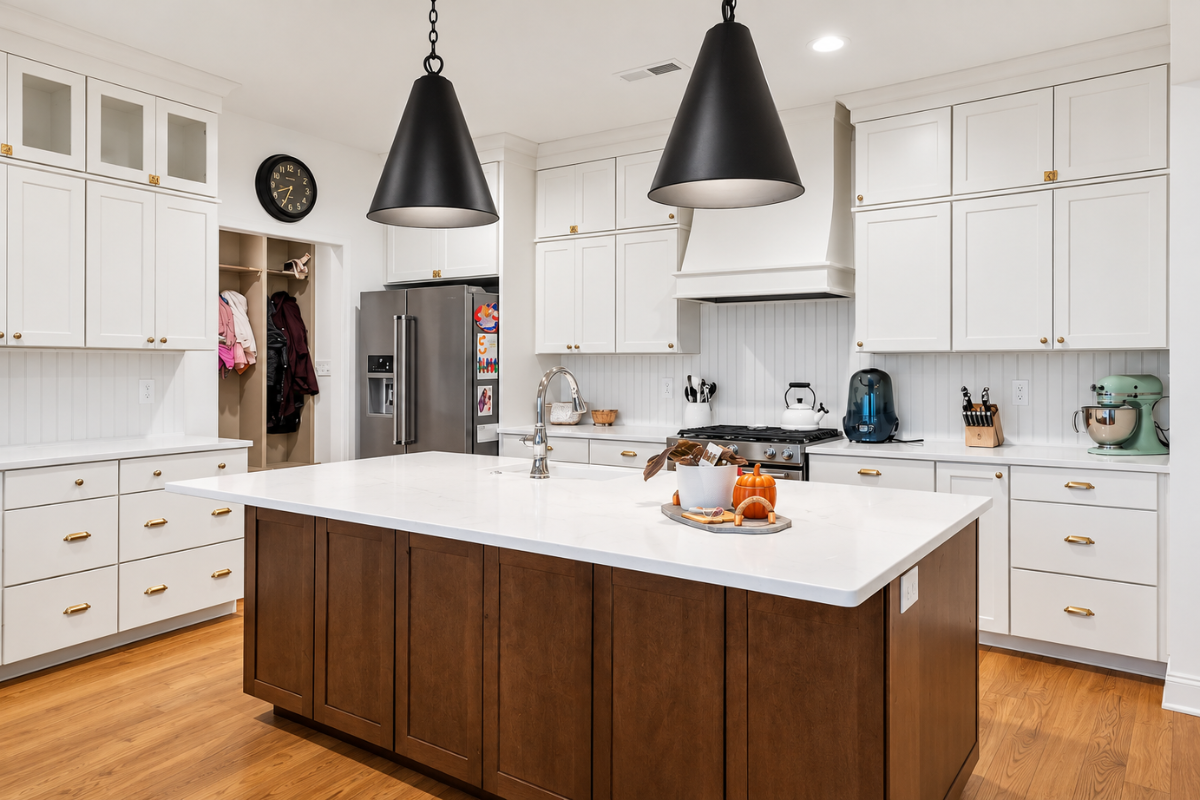 Modern kitchen design combining wood, stone, and metal finishes in a custom Knoxville home