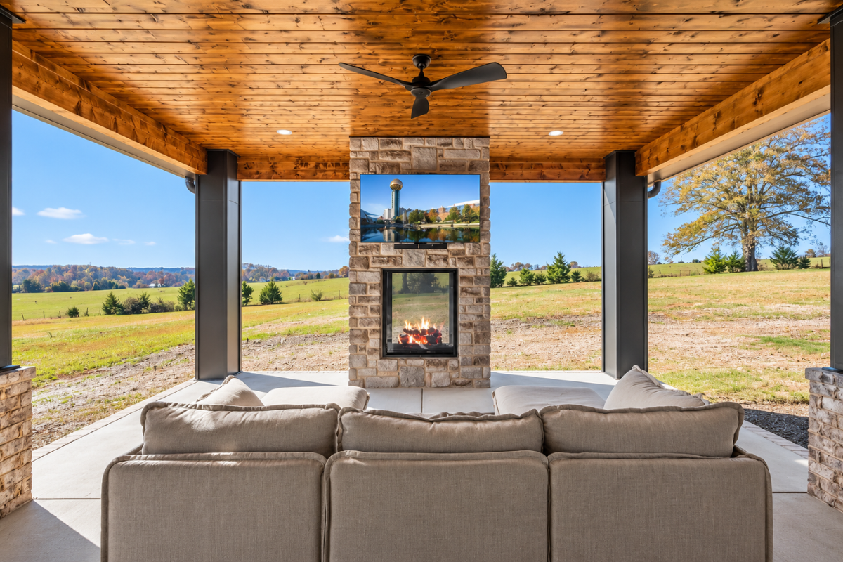 Covered outdoor living space with fireplace, an increasingly common feature in custom Knoxville homes