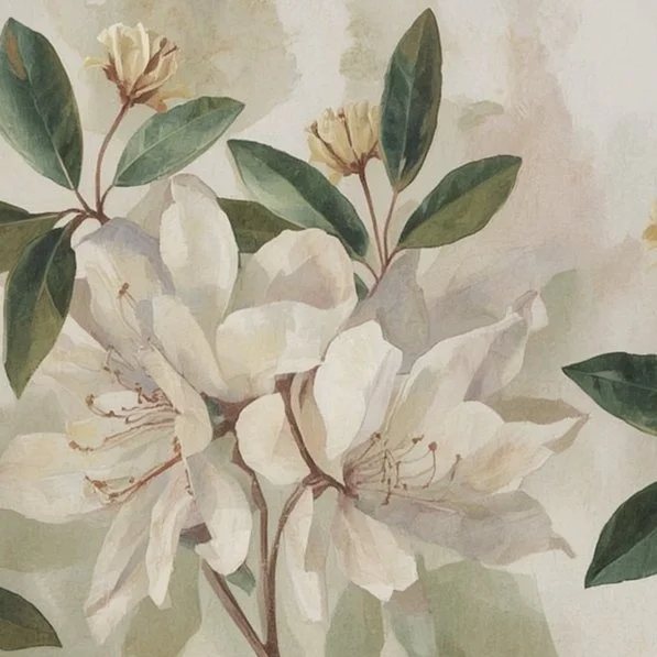 Mural of white flower blossoms with green leaves on a light background.