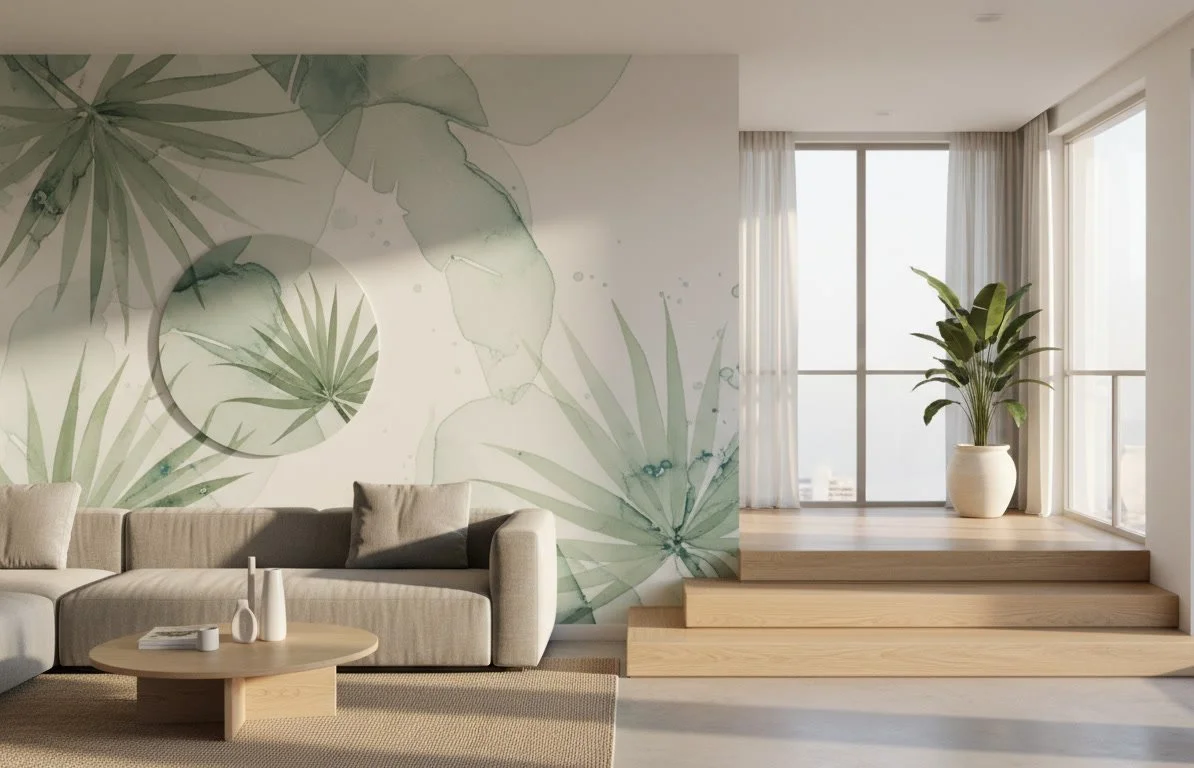 Modern living room with a beige sofa, a round wooden coffee table with vases, a painted botanical wall mural, large windows with white curtains, and a potted plant on a wooden step.