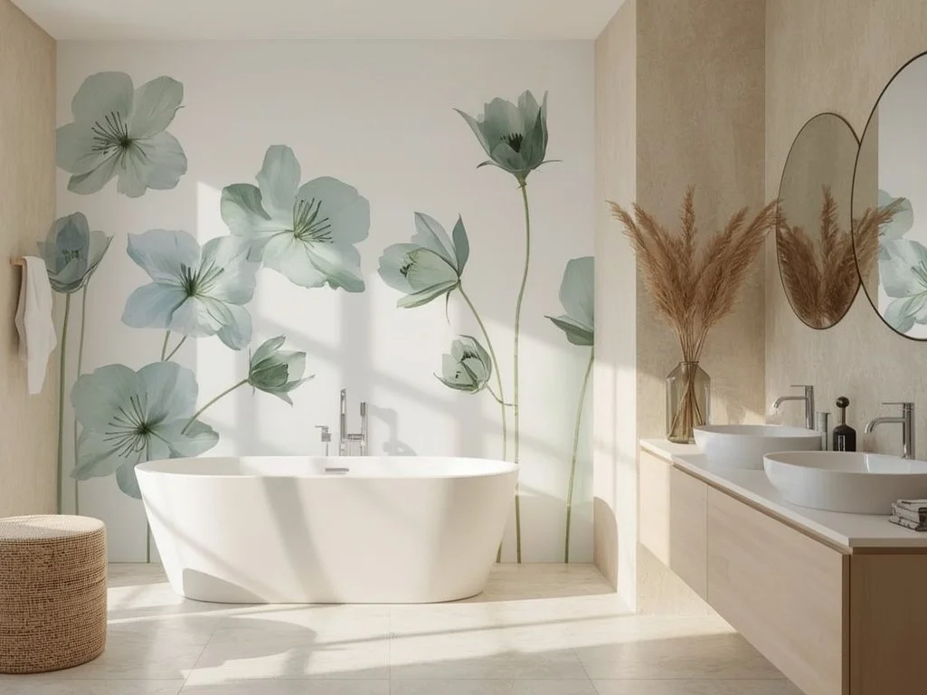 Modern bathroom with a large floral mural featuring white and green flowers, a freestanding white bathtub, a beige vanity with two vessel sinks, round mirrors, and a vase with dried pampas grass.
