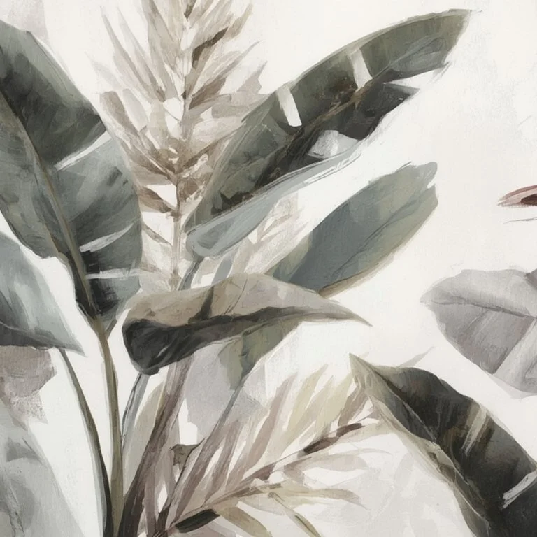 Mural Painting illustration of large leaves in muted shades of gray, beige, and black.