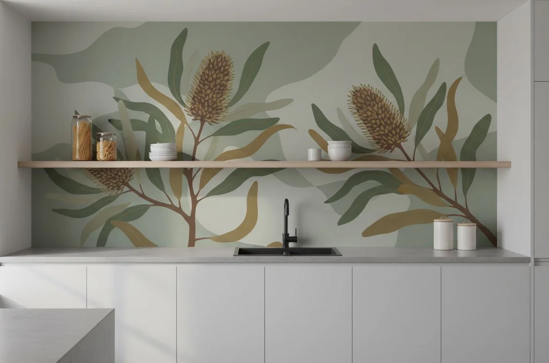 Kitchen with a botanical wallpaper, white cabinets, open wooden shelf with jars and bowls, black faucet, and gray countertop.