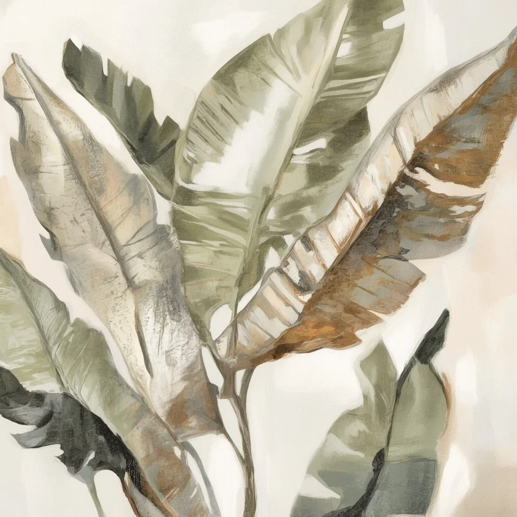 Mural of large banana leaves with various shades of green, brown, and beige.