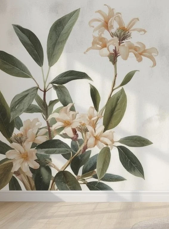 Decorative wall with a large floral mural of cream-colored flowers and green leaves.