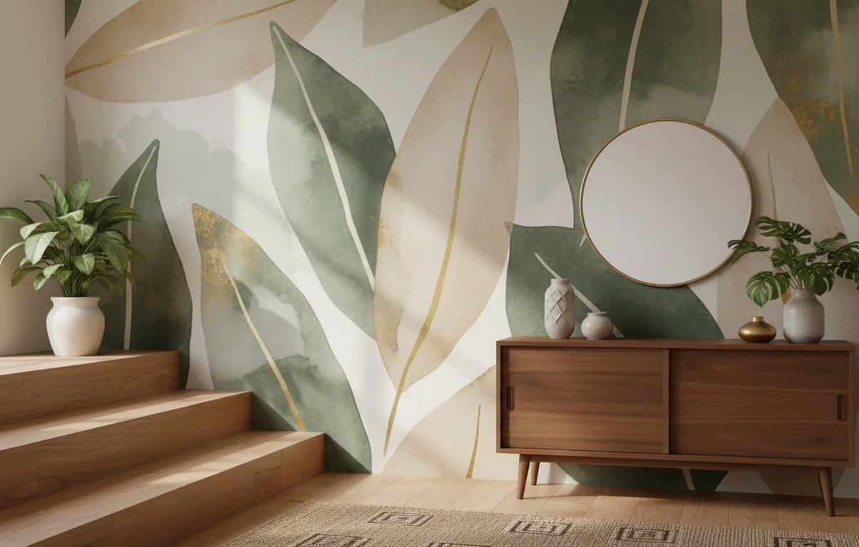 Interior decor with a botanical theme, featuring large leaf-patterned wallpaper, a wooden sideboard with decorative vases and plants, a round mirror, and a plant in a white pot on stairs.