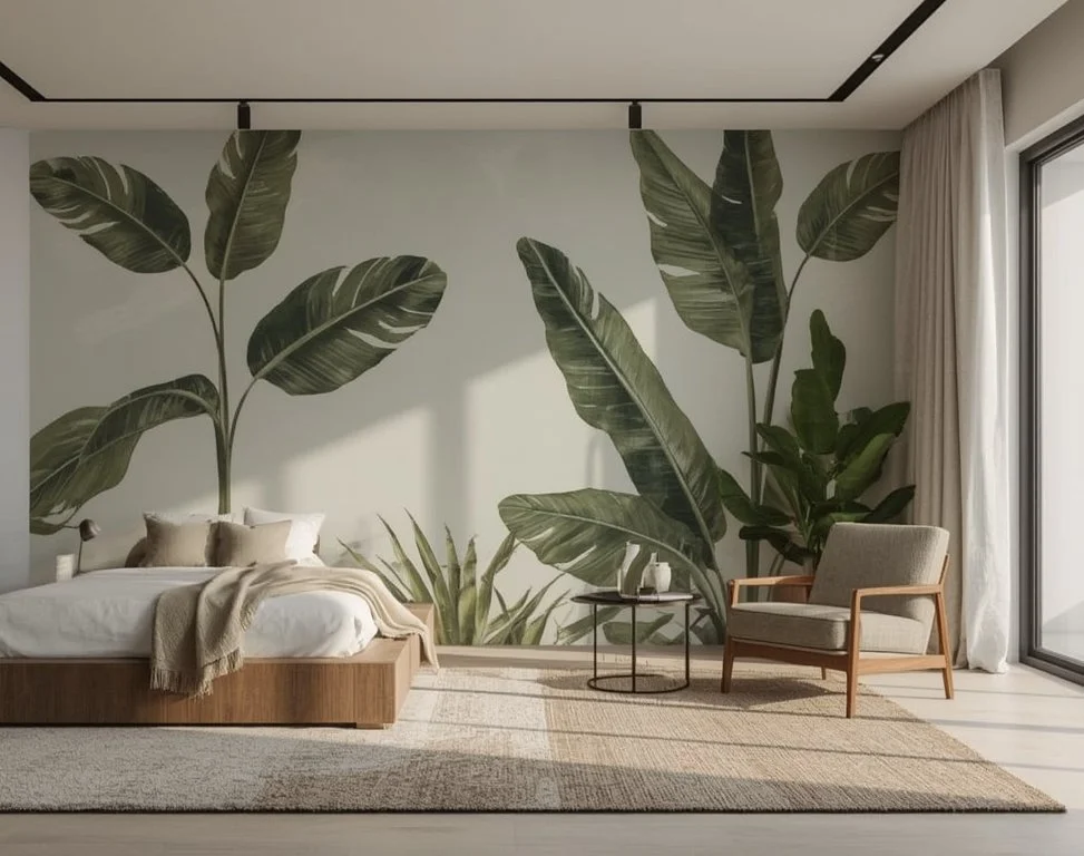 Modern bedroom with tropical plant mural, bed with beige pillows and blanket, armchair with wooden arms, side table with small decor, sliding glass door with white curtains.