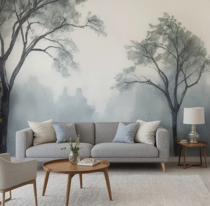 Living room with a large gray sofa, light-colored pillows, wooden coffee table with a small plant, side table with a lamp, and a wall mural of trees in a foggy landscape.