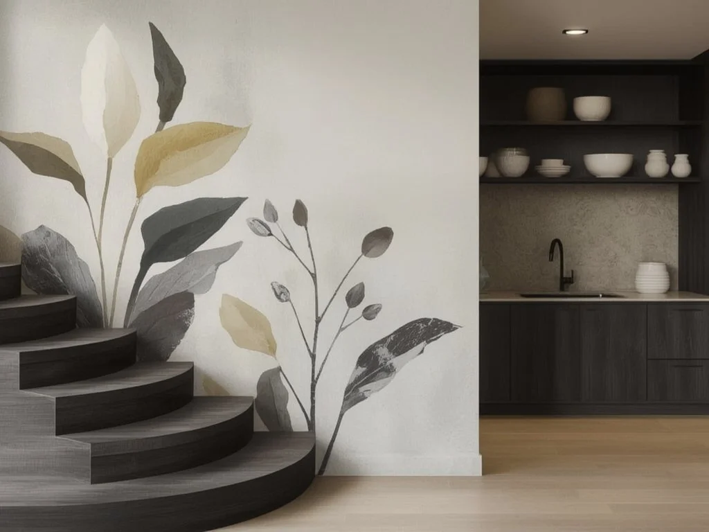 Interior of a modern home with a spiral staircase on the left, featuring dark wood steps, and a kitchen area on the right with dark cabinets, open shelving with white bowls and vases, a black faucet, and a beige backsplash. A wall with a leaf and bra