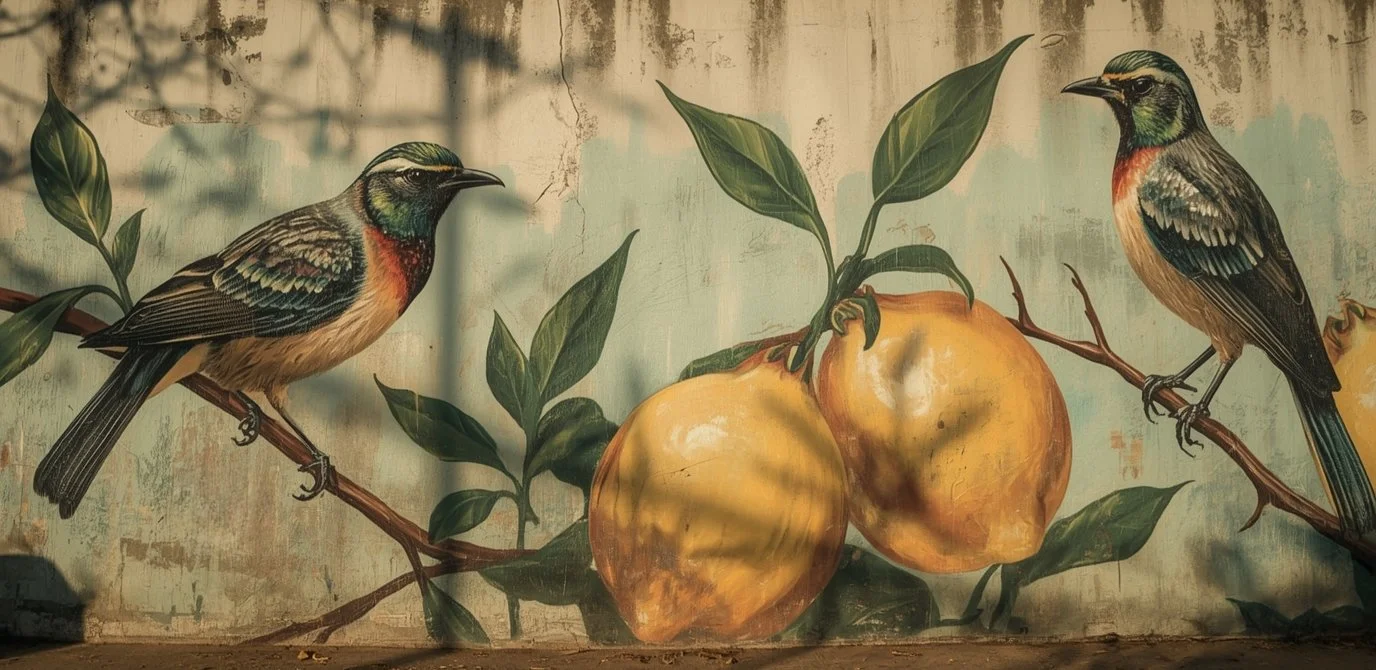 A mural with two birds perched on branches, alongside two large ripe peaches, and green leaves on a textured background.