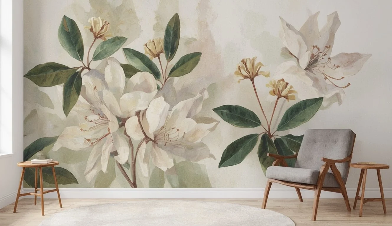 A living room with a large wall mural of white and cream-colored flowers with green leaves, a gray armchair, and two small wooden tables.