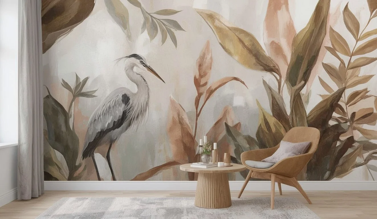 A large botanical mural featuring a heron and large leaves painted on a wall, with a cozy chair and round wood table in front.