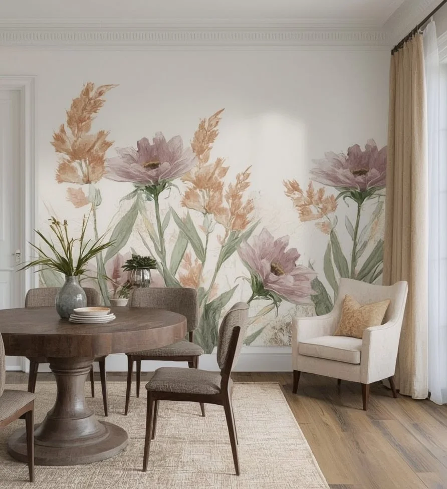 Living room with a floral wallpaper mural, round wooden dining table, gray upholstered chairs, a white armchair with a beige pillow, a vase with plants, and curtains in the background.
