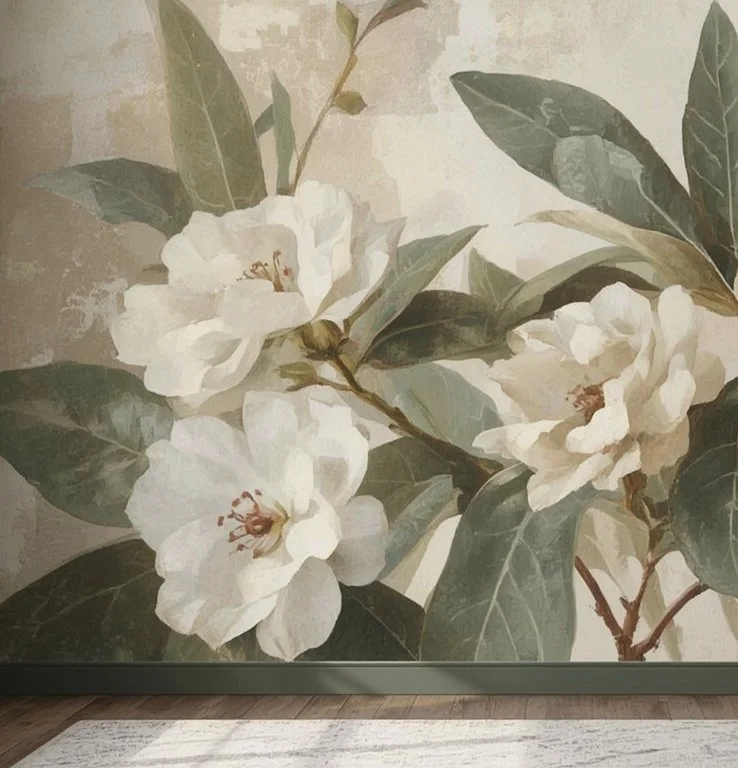 Mural of white flowering plants with dark green leaves.
