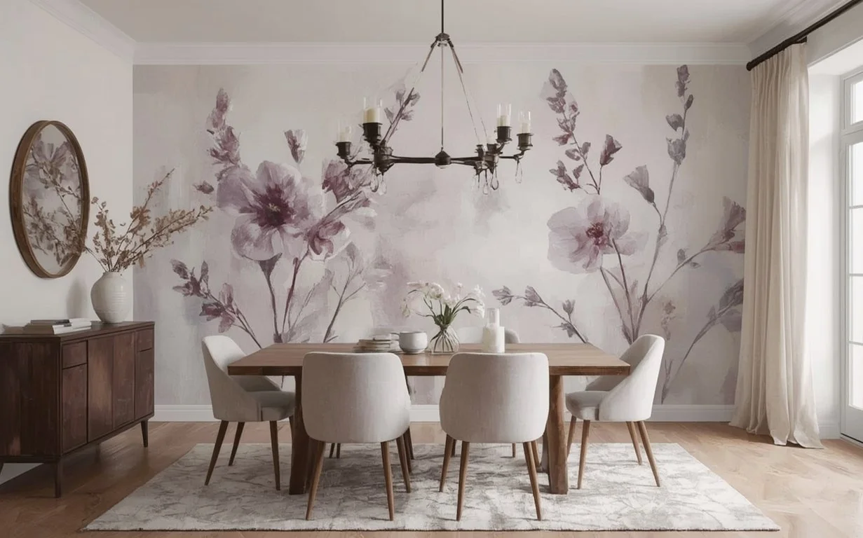 A dining room with a floral wallpaper mural, six cream-colored chairs around a wooden table, a chandelier hanging from the ceiling, a sideboard with a vase and plants, and a large window with cream curtains.