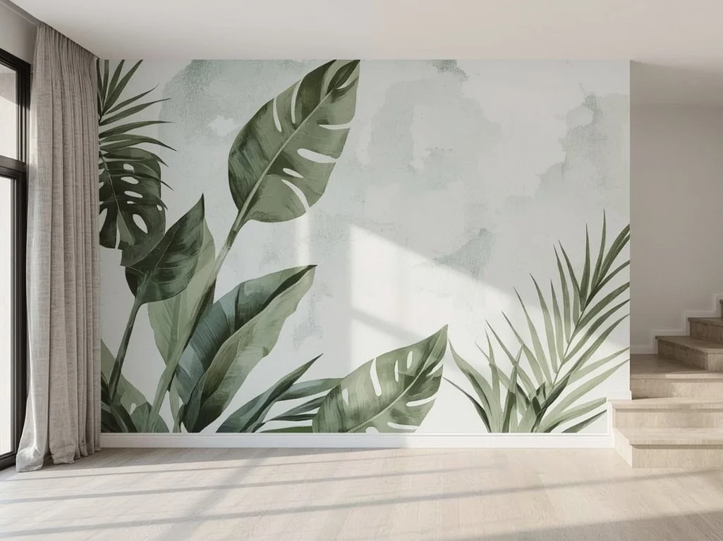 A minimalist interior space with a large wall mural of green tropical leaves, sunlight casting shadows, a staircase on the right, and a window with beige curtains on the left.
