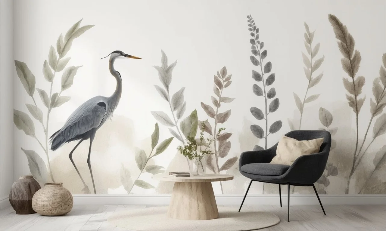 Decorative living room corner with a mural of a heron and leaves, a round coffee table with books and a plant, a black armchair with a pillow, and woven vases.