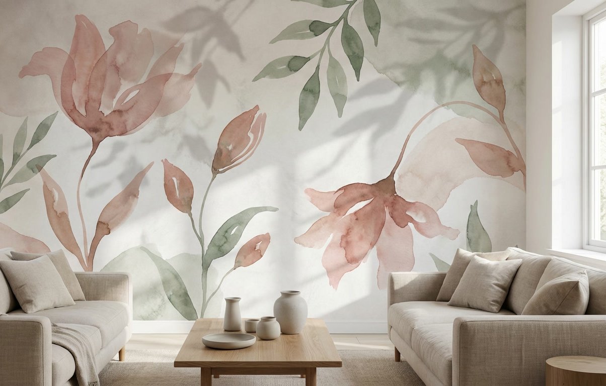 Living room with a floral watercolor mural on the wall, two beige sofas with pillows, a wooden coffee table with vases, and a window letting in natural light.