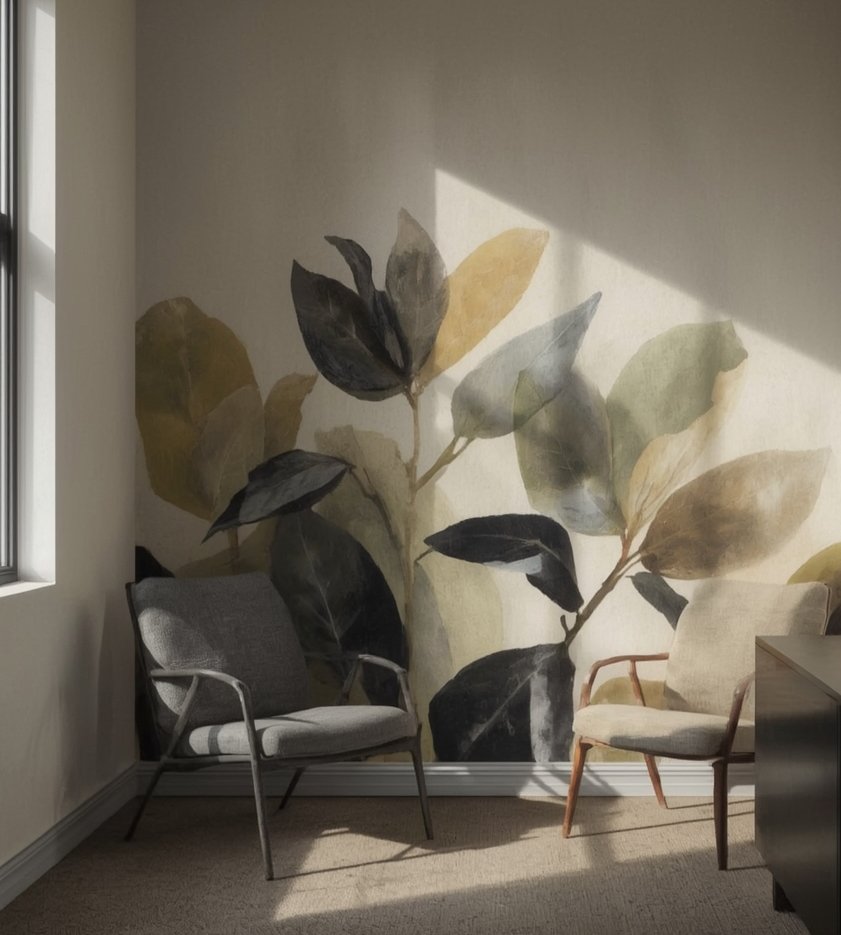 Interior of a room with two modern armchairs and a large wall mural of leaves with sunlight casting shadows.