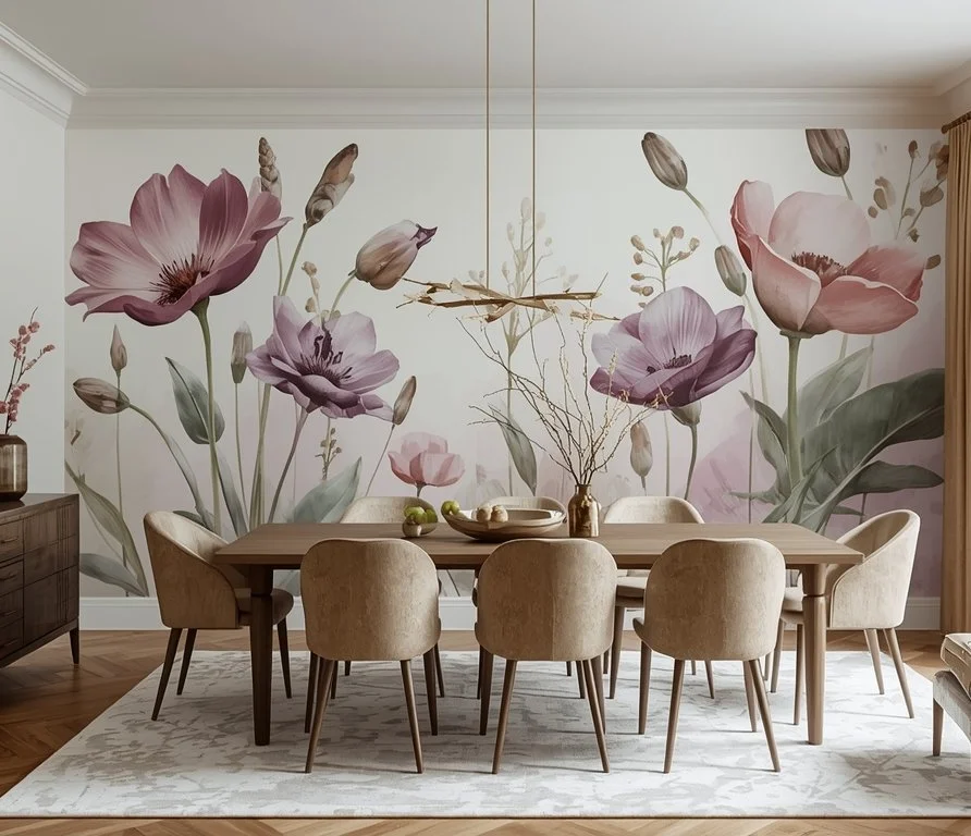 A dining room with a large floral mural featuring pink and purple flowers on the wall behind a wooden dining table and six beige chairs. There is a vase with branches and a bowl of fruits on the table, and a sideboard with decor on the left. Light brown curtains are on the right, and a white patterned rug is underneath the table.