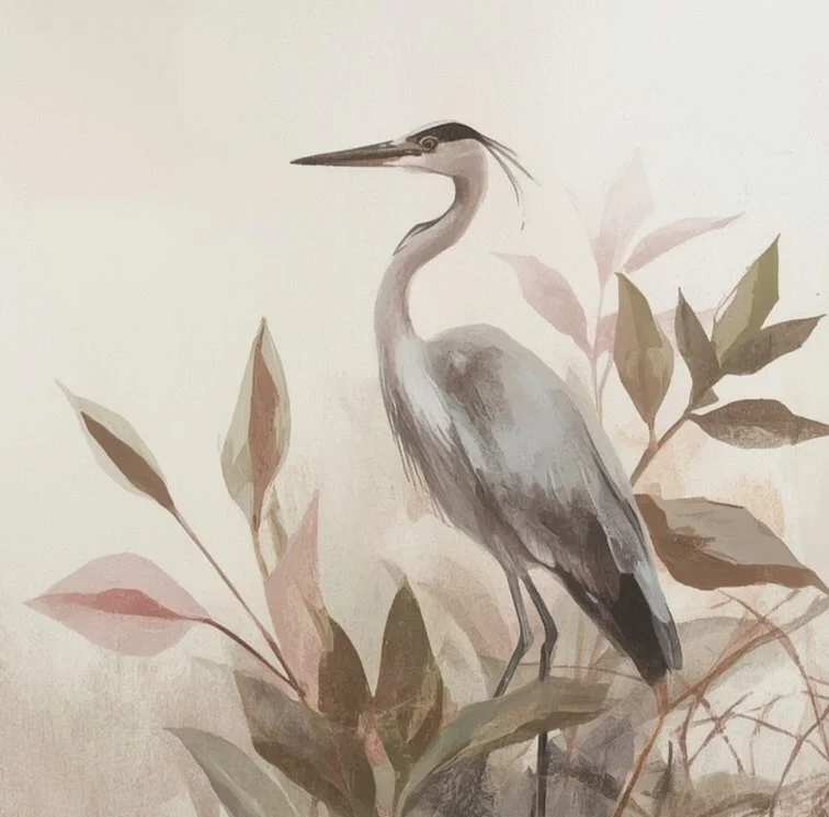 Mural painting of a heron standing among leaves and branches.