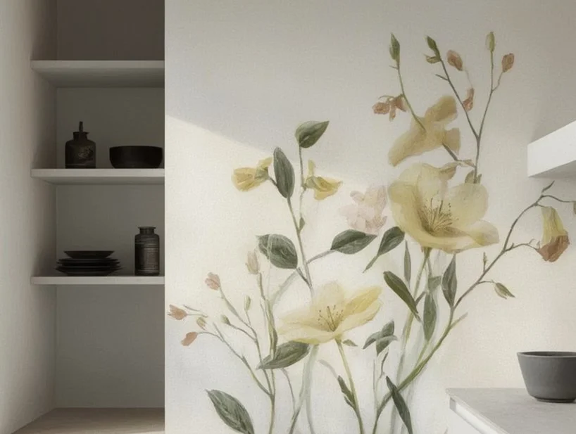 Wall with a floral mural featuring yellow and pink flowers and green leaves, alongside white shelves with black and gray decorative items.