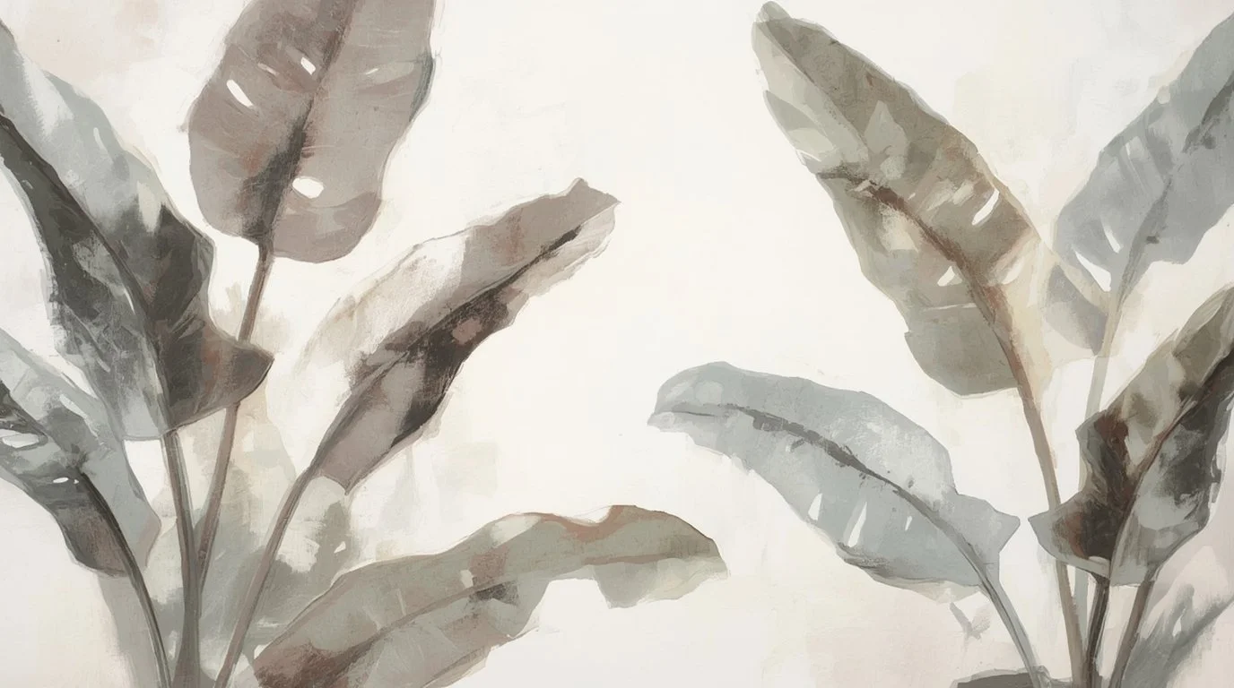 Watercolor style mural painting of large tropical leaves in shades of gray and brown on a light background.